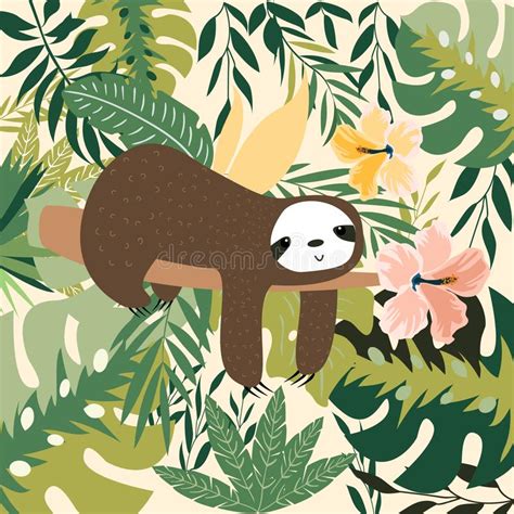 Sloth On The Branch Vector Illustration With Frame Of Leaves Flowers