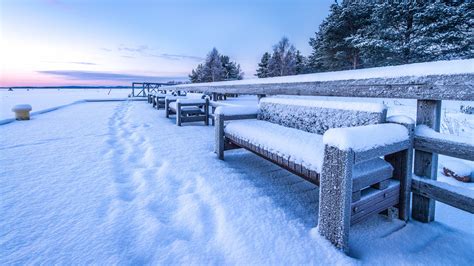 Wallpaper Winter Sunset Lake Suomi Finland Bench Lens