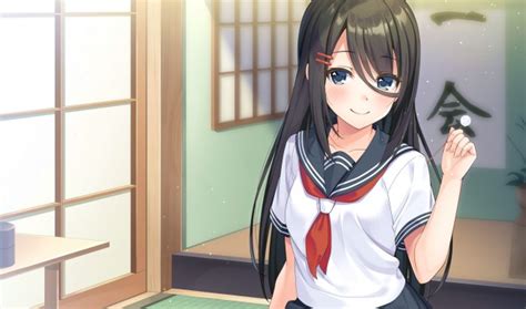Wallpaper Smiling Anime School Girl Japanese Room Black Hair Blue