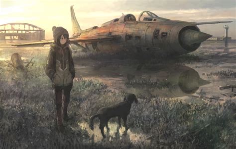 Tokunaga Akimasa Original Commentary Highres Girl Aircraft Airfield Airplane Black Hair