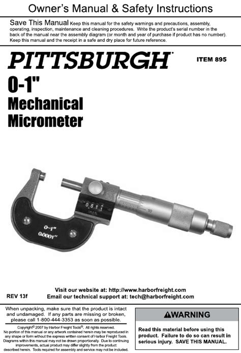 Harbor Freight 0 1 In Mechanical Micrometer Product Manual