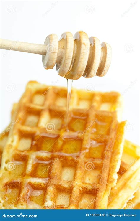 Delicious Belgian Waffles And Stick To Honey Stock Photo Image Of