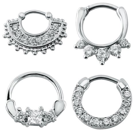 4pcs One Lot Trendy White Cubic Zircon Septum Clicker 16g Stainless Steel Nose Hoop Rings For