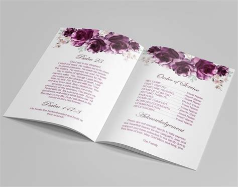 8 Page Purple Flowers Funeral Program Template Celebration Of Etsy