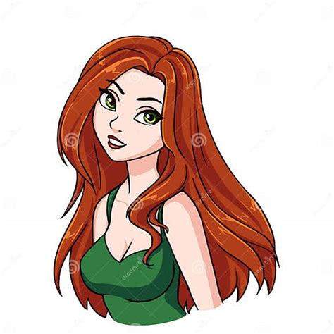 beautiful cartoon smiling girl portrait long red hair big green eyes green shirt stock