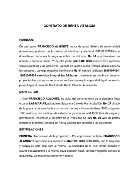 Contrato De Renta Vitalicia Jose Luis Pdf República Dominicana