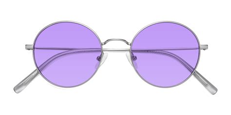 Sliver Retro Vintage Metal Round Tinted Sunglasses With Medium Purple Sunwear Lenses Moore