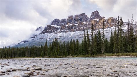 Download Wallpaper 1366x768 Mountain Trees River Stones Tablet