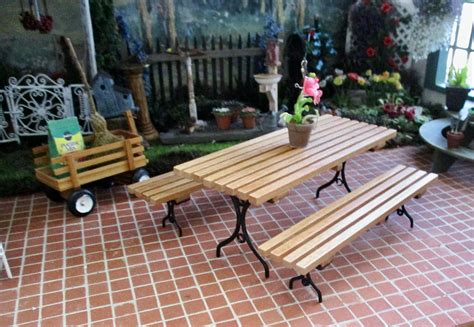 Miniature Picnic Table And Benches 3 Pc Set Wood And Metal Mini