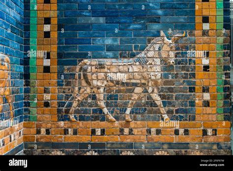 Walking Aurochs Symbol Of Hadad Deity On Blue Ceramic Wall From Ancient