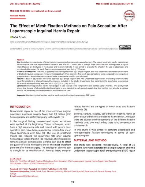Pdf The Effect Of Mesh Fixation Methods On Pain Sensation After