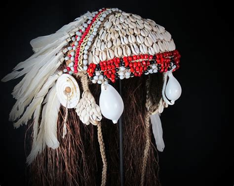Feather Headdress Traditional Tribal Headpiece Of Natural White Shells