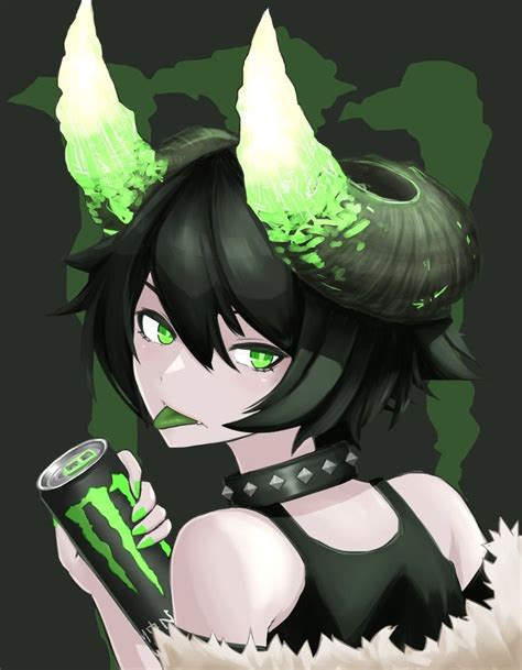 A Woman With Horns Holding A Can In One Hand And A Drink In The Other