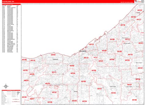 Cleveland Ohio Zip Code Wall Map Red Line Style By Marketmaps Mapsales