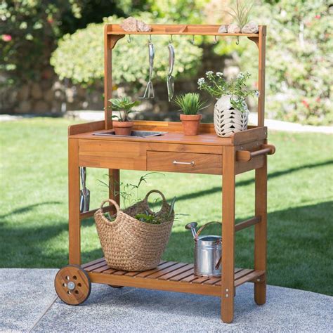 Belham Living Harvest Acacia Wood Potting Cart Outdoor Wood Furniture