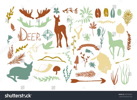 Vintage Hunt Forest Animals And Plants Silhouette Set