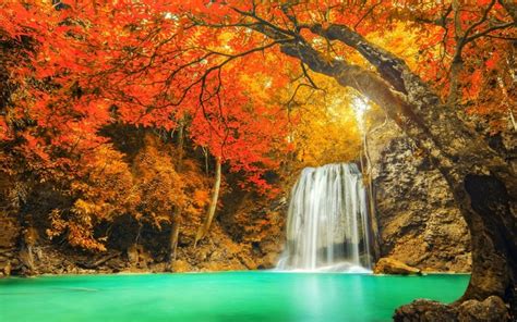 Landscape Nature Colorful Waterfall Trees Fall Red Yellow Turquoise