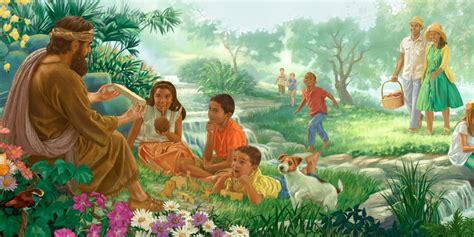 Adults And Children Enjoy Life In Paradise Novo Mundo Bíblia Arte