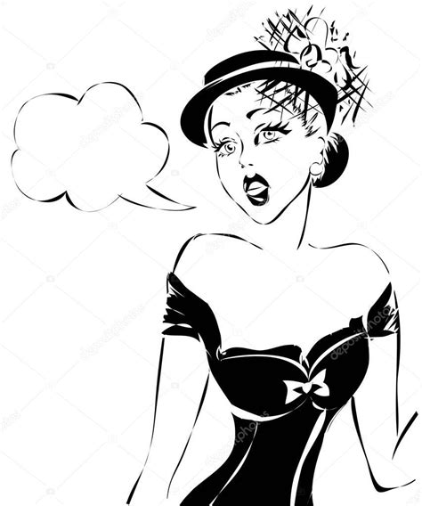 Sexy Pin Up Woman Talking Black And White Vector Silhouette With