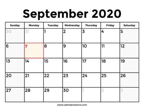September 2020 Calendar With Holidays Calendar Options