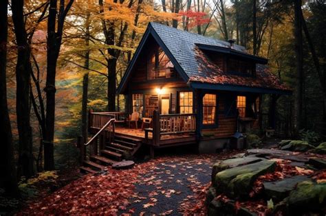 Premium Ai Image Cozy Fall Cabin A Cozy Cabin In The Woods Surrounded