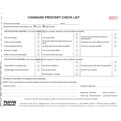 Chainsaw Prestart Checklist Books Tuffa Products