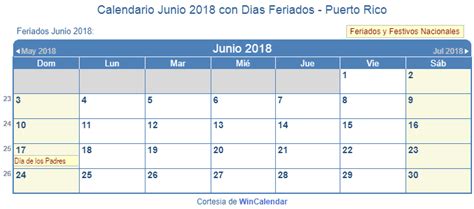 Calendario Junio 2018 Para Imprimir Puerto Rico