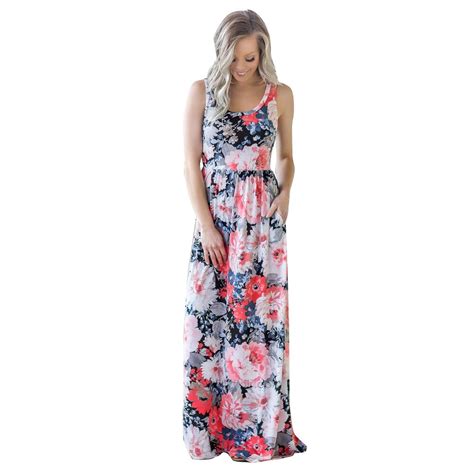 Buy O Neck Sleeveless Print Floor Length Summer Dress