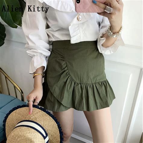 Alien Kitty 2018 Summer Fashion Women Fold Skirt High Waisted Solid Sexy Mini Skirts Ruffles