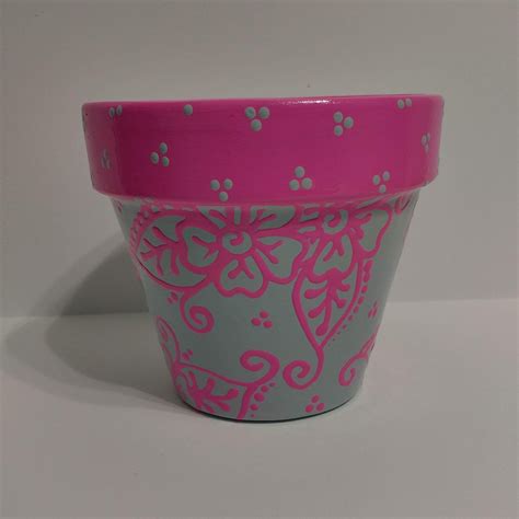 Medium 5 Terra Cotta Flower Pot Hand Painted Gray With Free Hand Pink