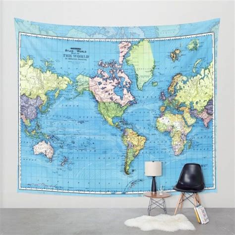 World Map Tapestry Wall Hanging Vintage Mercator Map Blue Etsy