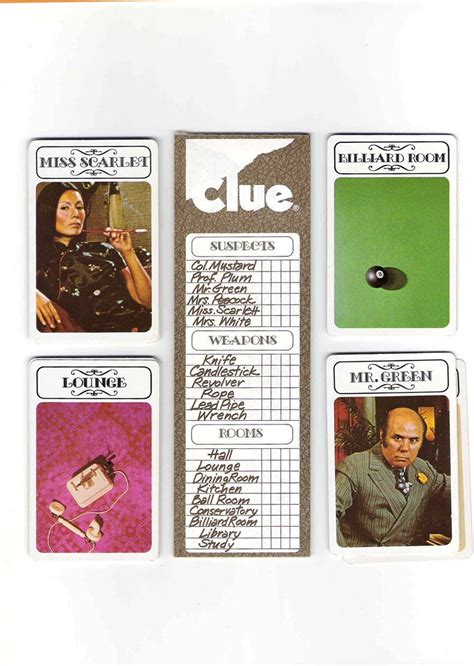 Vintage 1970s Clue Game Cards And Clues List Pad Complete