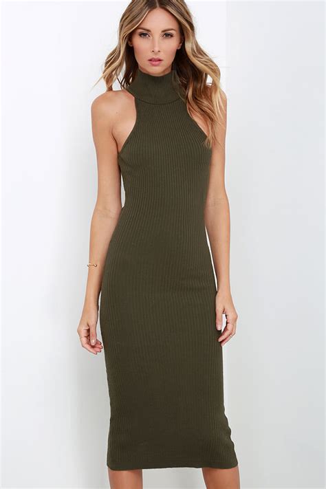 Stylish Olive Green Dress Bodycon Dress Sweater Dress Mock Neck