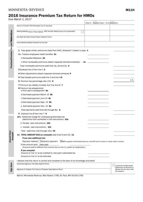 Insurance premium tax by state. Fillable Form M11h - Insurance Premium Tax Return For Hmos - 2016 printable pdf download