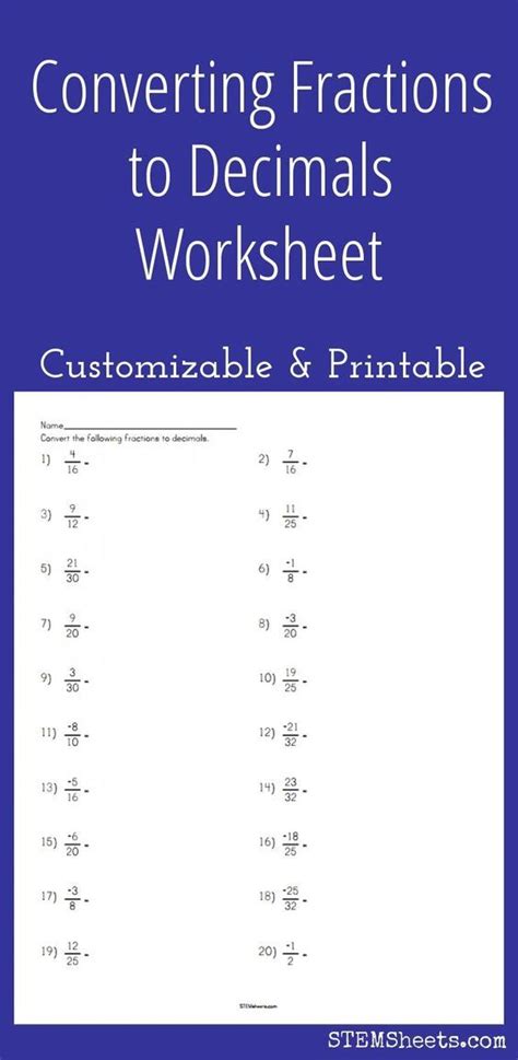 Converting Fractions to Decimals Worksheet - Customizable and Printable