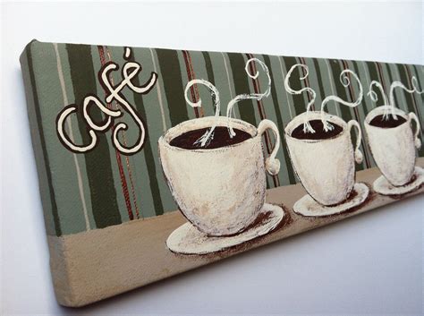 Coffee cup painting on canvas. Coffee Trio- 4x12 Small Original Bistro paintings on ...
