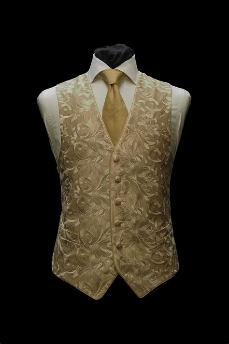 Gold Silk Damask Embroidered Single Breasted Six Button Waistcoat