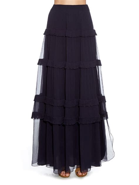 chloé ruffled tiered silk maxi skirt in navy blue lyst