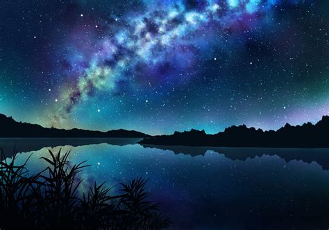 Download 2560x1440 Anime Landscape River Night Stars Reflection