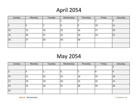 April And May 2054 Calendar