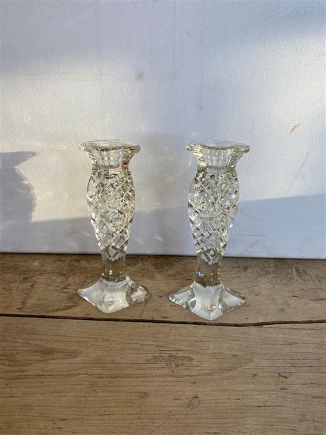 Vintage Pair Of Tall Clear Glass Candle Holders Candlesticks Etsy