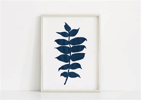 Large Botanical Print Navy Leaf Print Minimal Leaf Art Dark Etsy