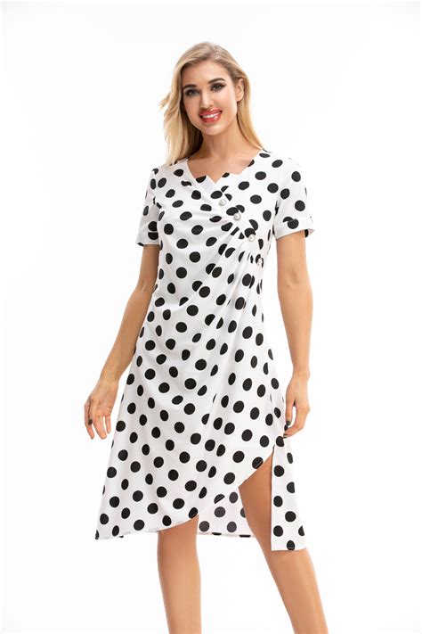 Top She Womens Polka Dot Print Pearl Button Dresses Casual Short Sleeve W Neck Summer Dress