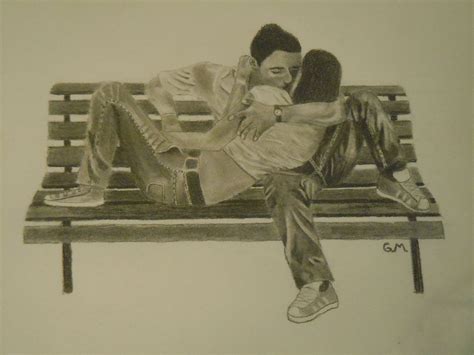 Pencil Sketch Of A Couple Kissing On A Bench Freehand From A