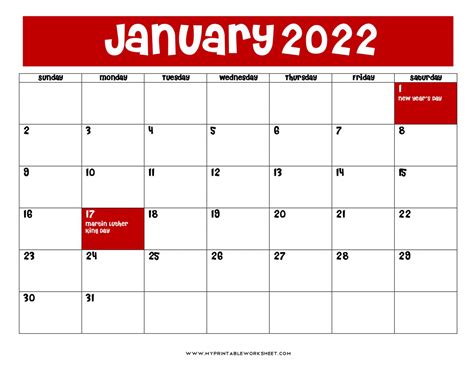 January 2022 Calendar Printable With Holidays Blank Pdf And Images