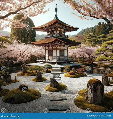 Tranquil Chinese Zen Garden Oasis with Pagoda Stock Illustration