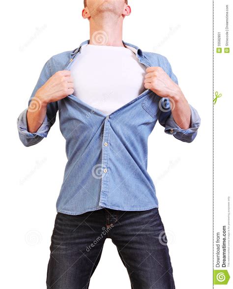 Superhero Young Man Tearing His Shirt Off Isolated On Stock Image