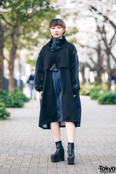 modern minimalist japanese street style w kakuremi cowl neck dress dr martens tria