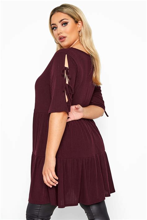 LIMITED COLLECTION Burgundy Ribbed Milkmaid Tiered Tunic Dress | Yours ...