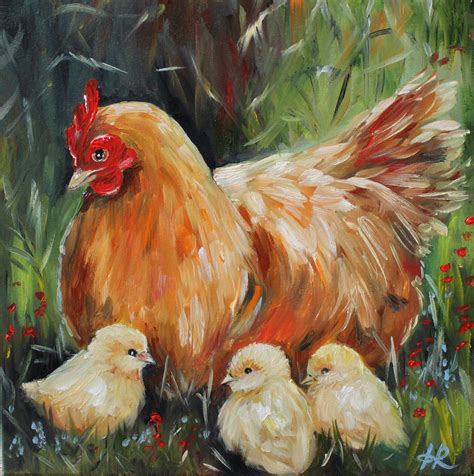 Hen And Chicks Painting Oil On Canvas Country Art Chicken Art Farm